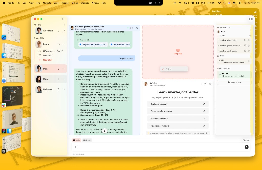 Dragging a chat into AideAI Agent Desk to add another agent panel