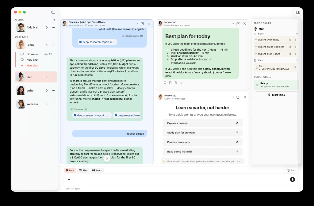 AideAI Agent Desk with multiple agent panels, files and skills, and Voice Huddle