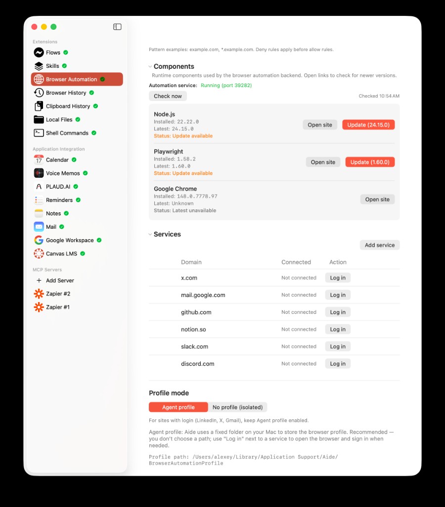AideAI Browser Automation settings with Components, Services, Log in actions, and Agent profile mode