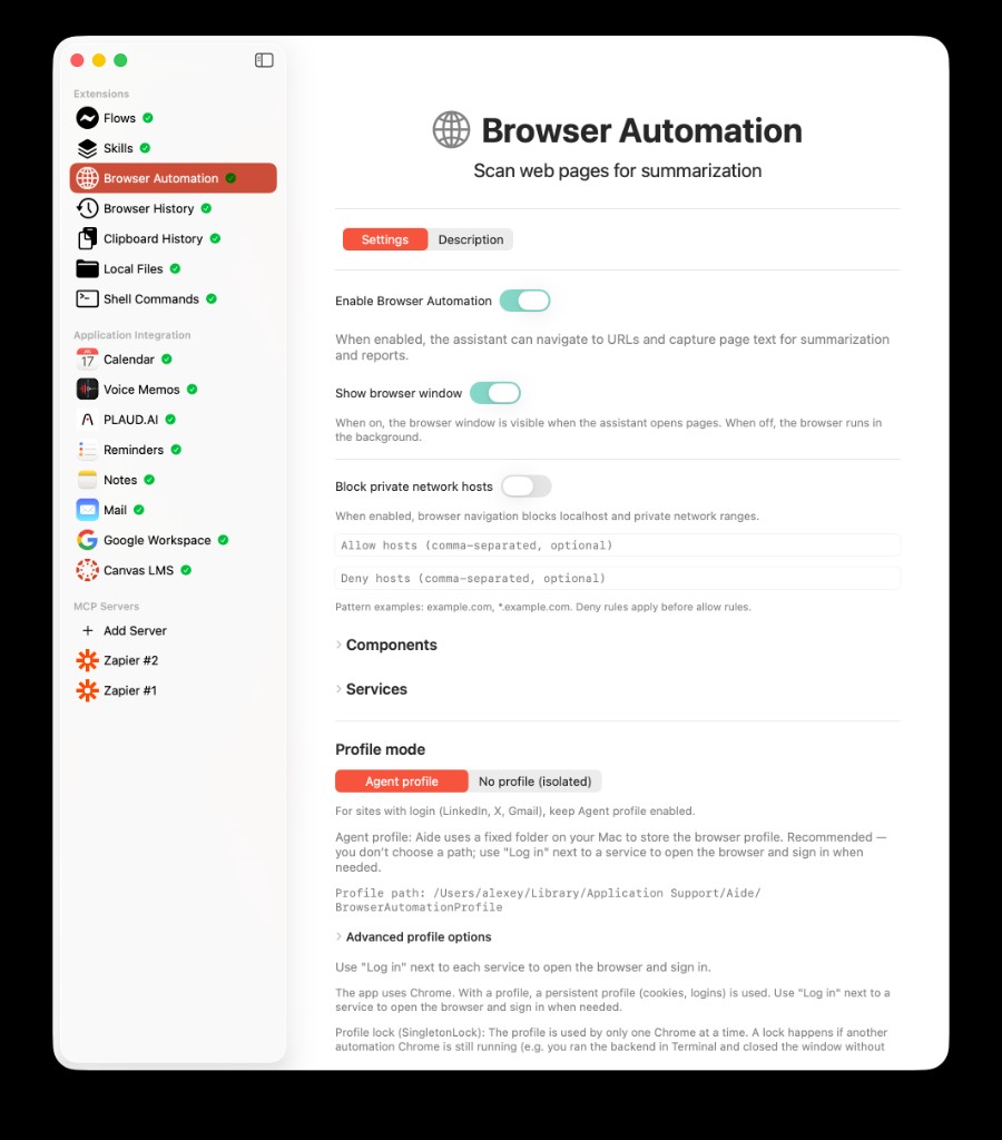 AideAI Browser Automation extension settings showing browser window visibility, host controls, components, services, and profile mode
