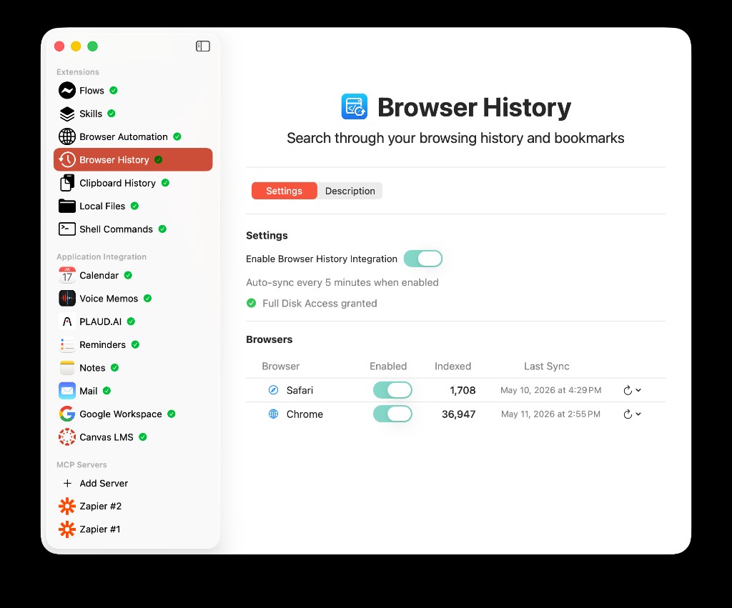 AideAI Browser History extension settings showing enabled browsers, indexed item counts, and last sync times