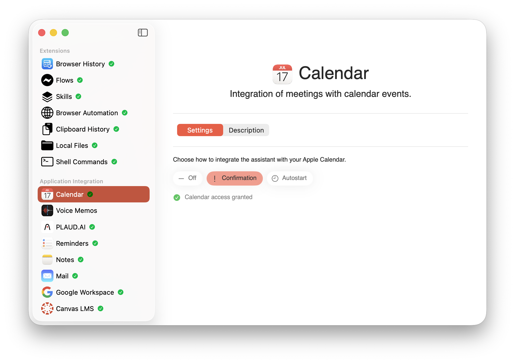 AideAI Apple Calendar settings screen