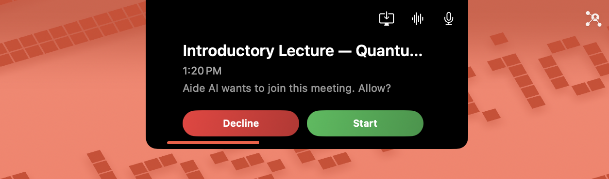 AideAI confirmation prompt for a calendar event with an online meeting link