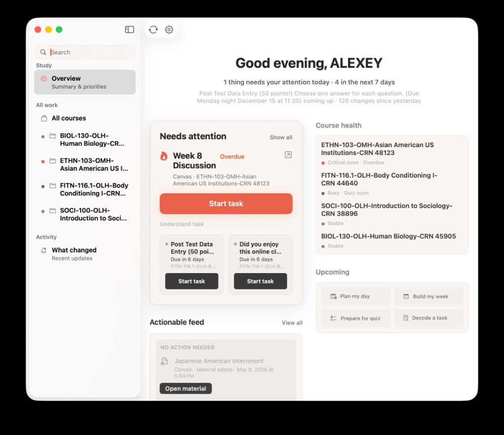 AideAI Study overview showing Canvas courses, assignments, course health, and actionable feed