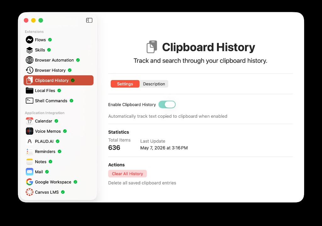 AideAI Clipboard History extension settings screen