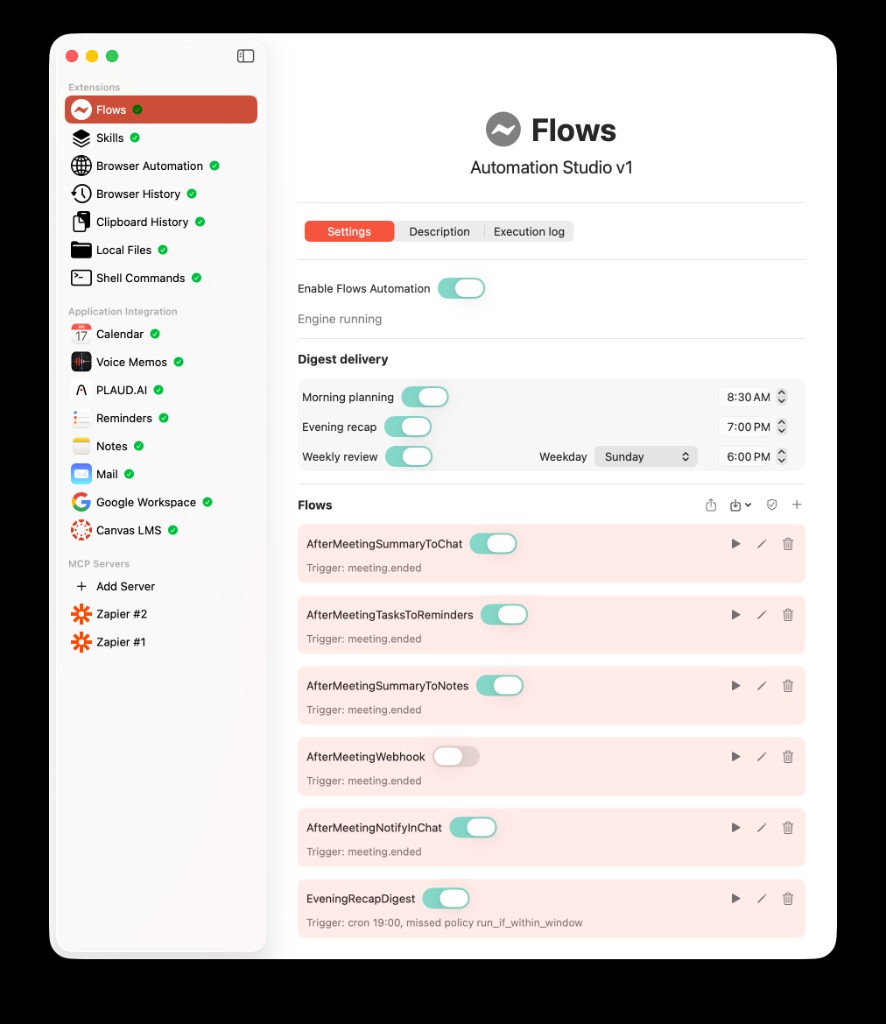 AideAI Flows settings with digest delivery toggles for morning, evening, and weekly digests