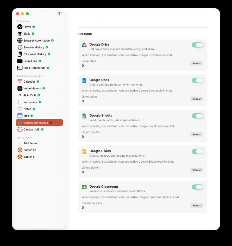 AideAI Google Workspace extension products list showing Google Drive, Google Docs, Google Sheets, Google Slides, and Google Classroom toggles