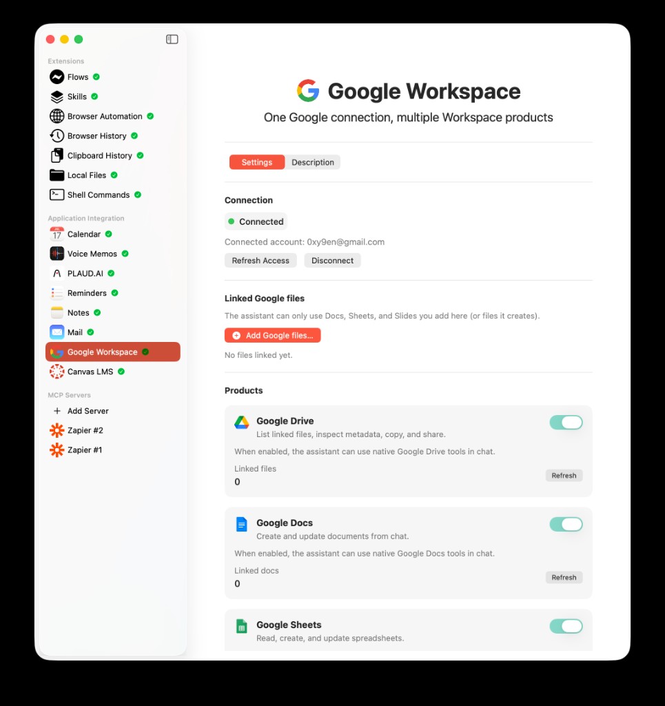 AideAI Google Workspace extension settings screen with connected account, linked Google files, and product toggles