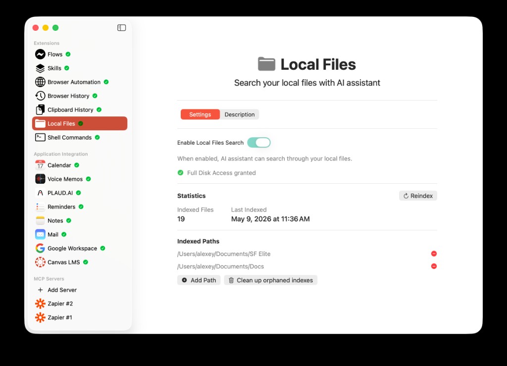 AideAI Local Files extension settings screen with enabled search, Full Disk Access status, indexed file statistics, and indexed paths