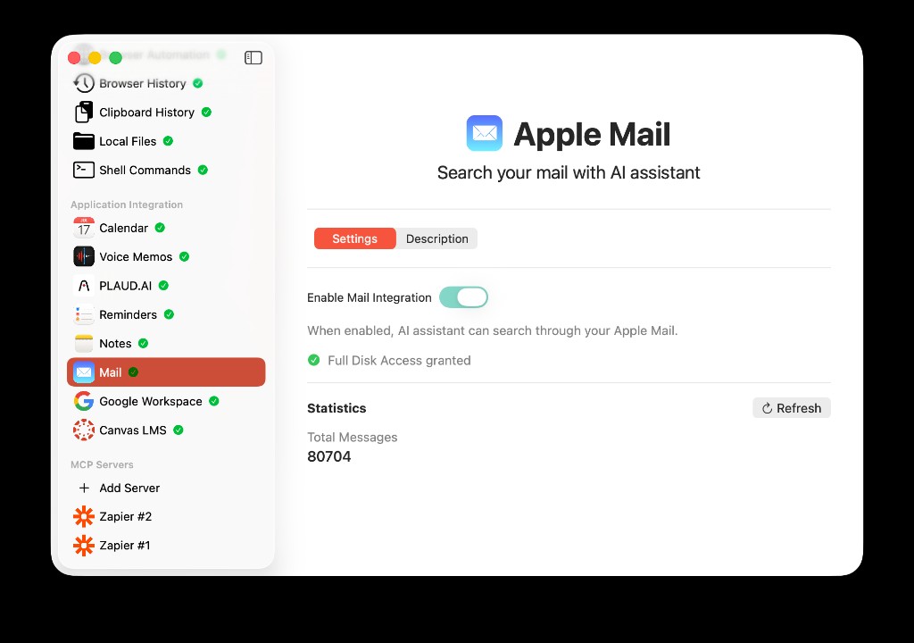 AideAI Apple Mail integration settings screen