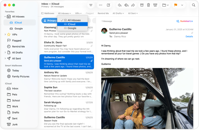 Apple Mail app showing inboxes, message list, and an open email
