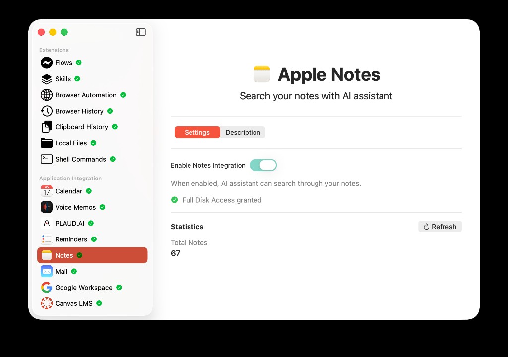 AideAI Apple Notes integration settings screen