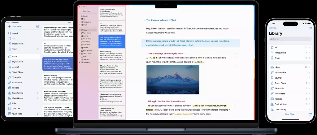 Apple Notes app shown across Mac, iPhone, and iPad