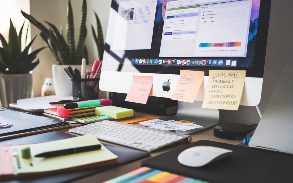 A cluttered student desk with scattered notes and open Mac windows