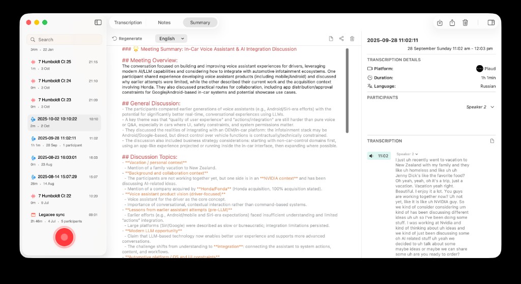 AideAI Meetings: recording list, Summary tab with structured meeting recap, right panel showing Platform Plaud, duration, and transcription