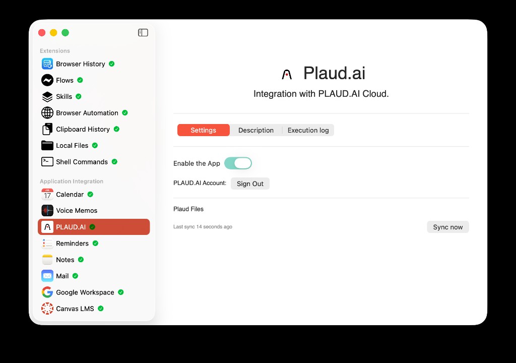 AideAI Extensions: Application integration sidebar with Plaud.ai selected, Settings tab, Enable the App, Sign Out, and Sync now