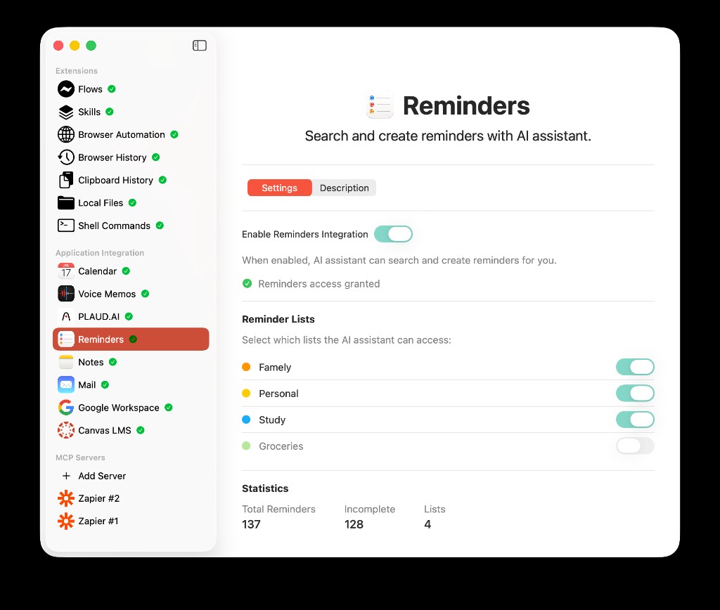AideAI Apple Reminders integration settings screen