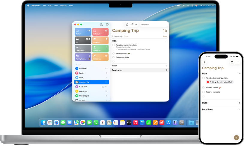 Apple Reminders app shown on Mac and iPhone with a task list