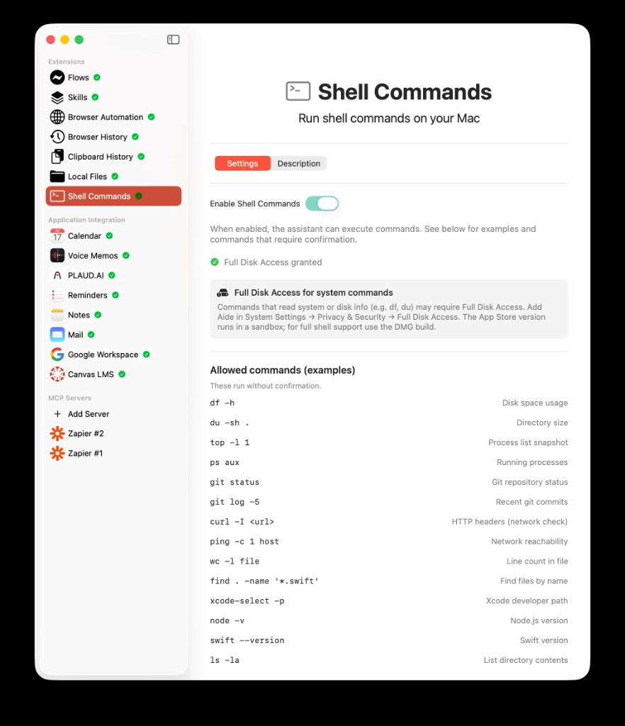 AideAI Shell Commands extension settings screen with enabled shell commands, Full Disk Access status, and allowed command examples