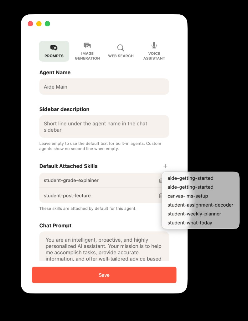 Add skill dropdown listing available skills for the agent
