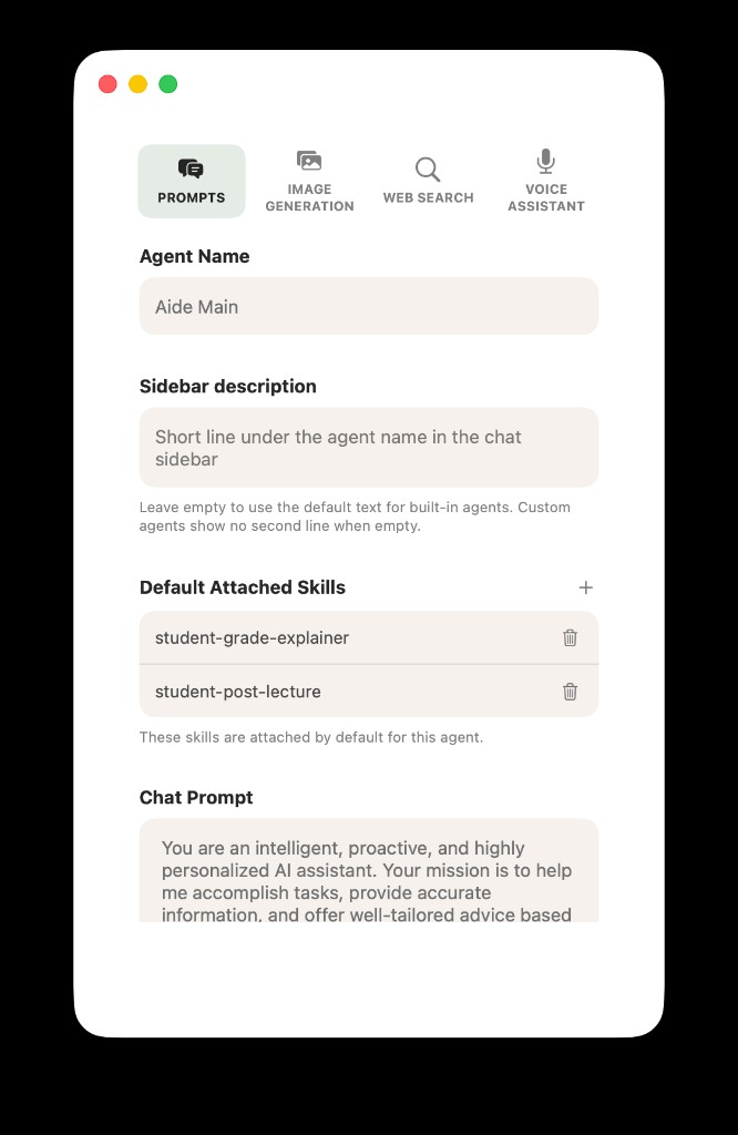 Agent Prompts: Default Attached Skills with two student skills listed