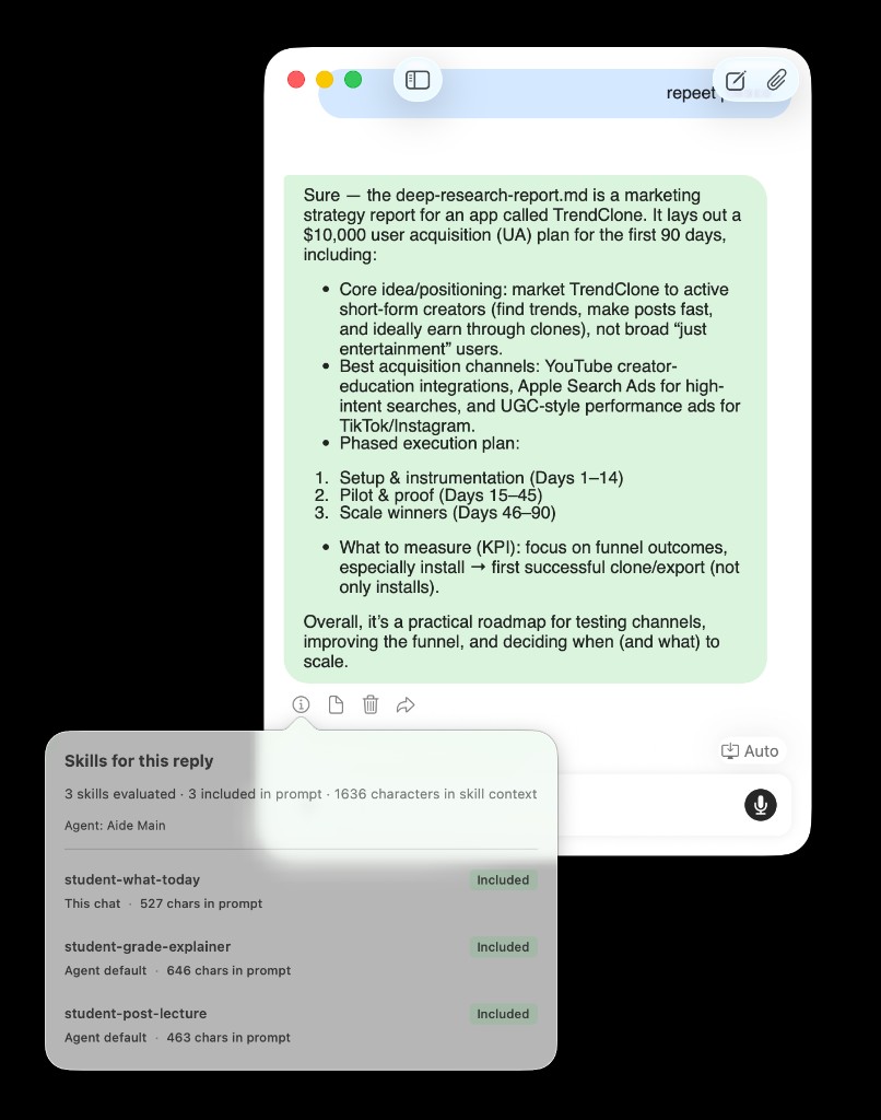 Chat message: Skills for this reply popover with three included skills and character counts