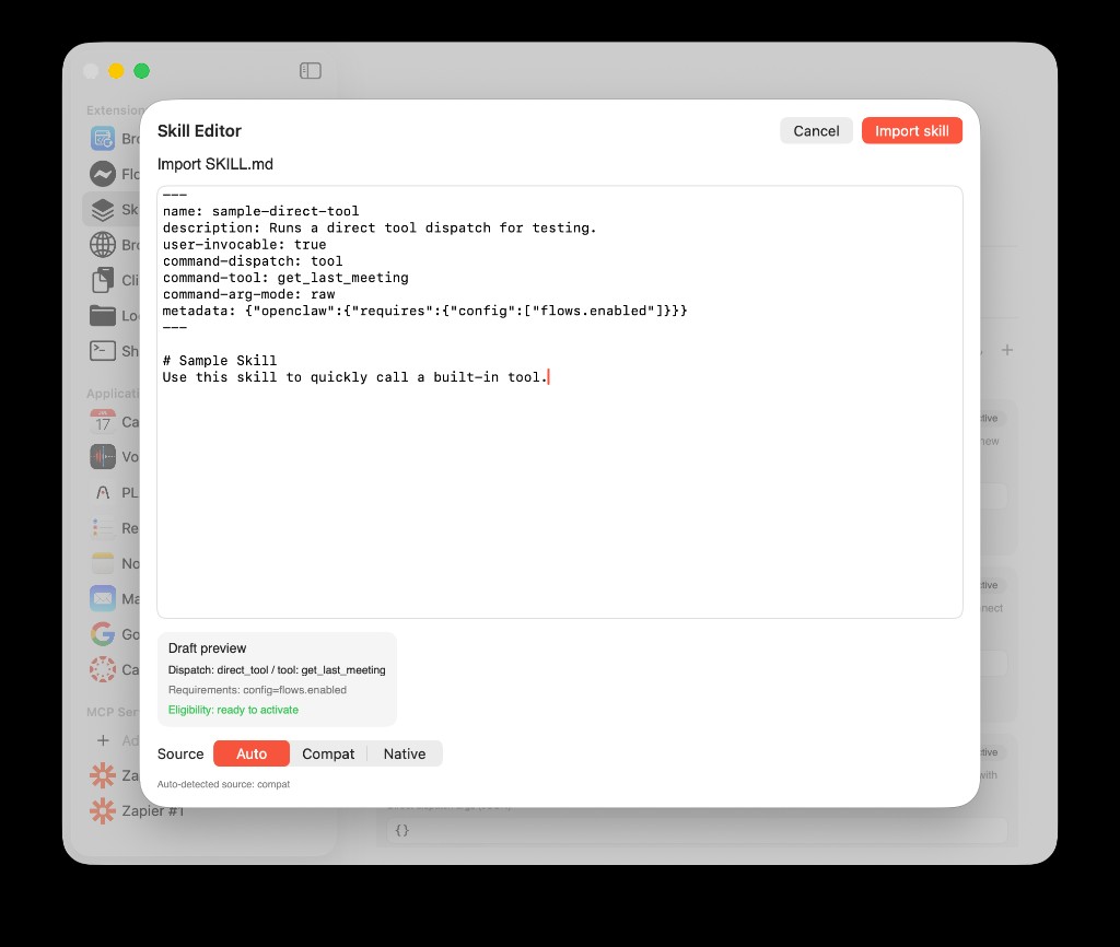AideAI Skill Editor with SKILL.md open, draft preview, and Auto/Compat/Native source tabs
