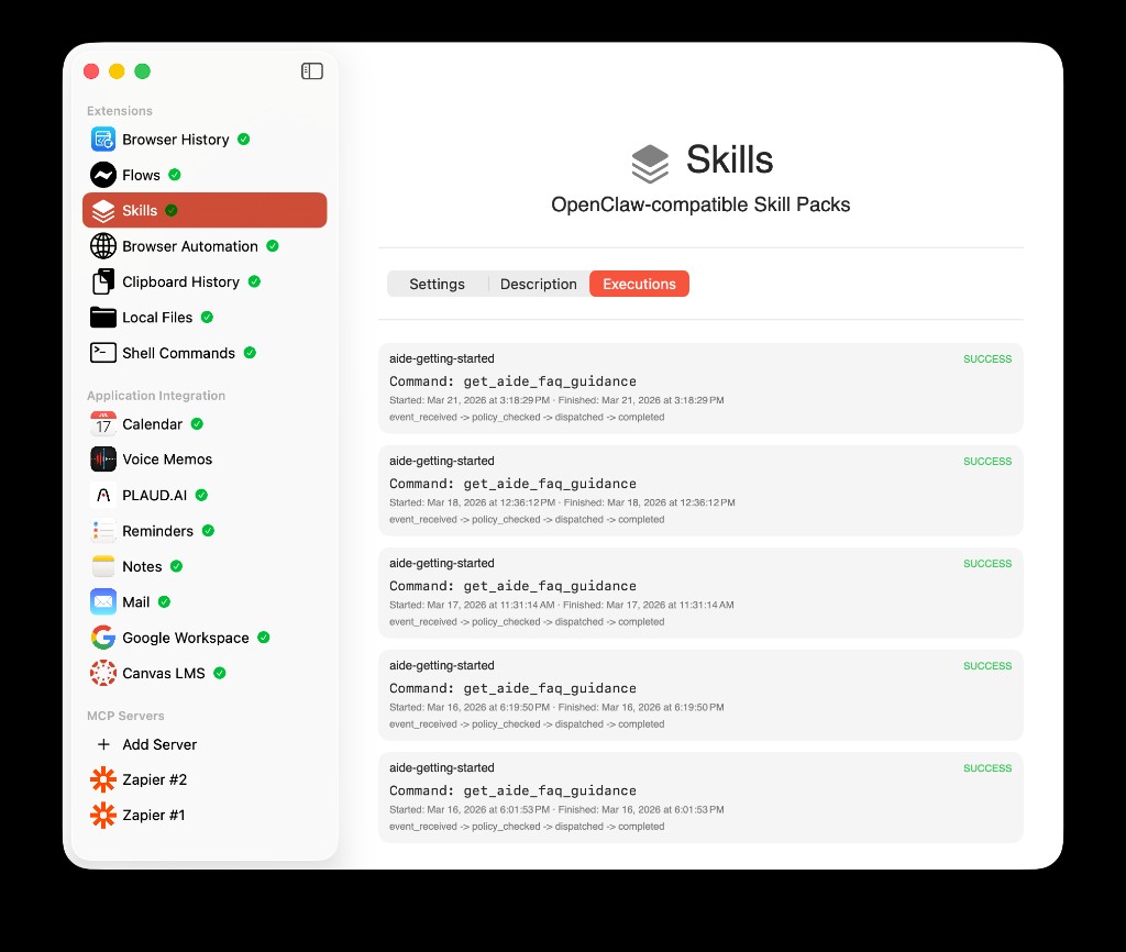 Skills Executions tab showing successful runs and pipeline steps