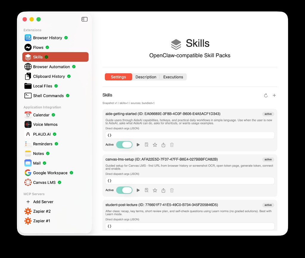 AideAI Extensions and MCP, Skills: skill cards with snapshot line and OpenClaw-compatible subtitle