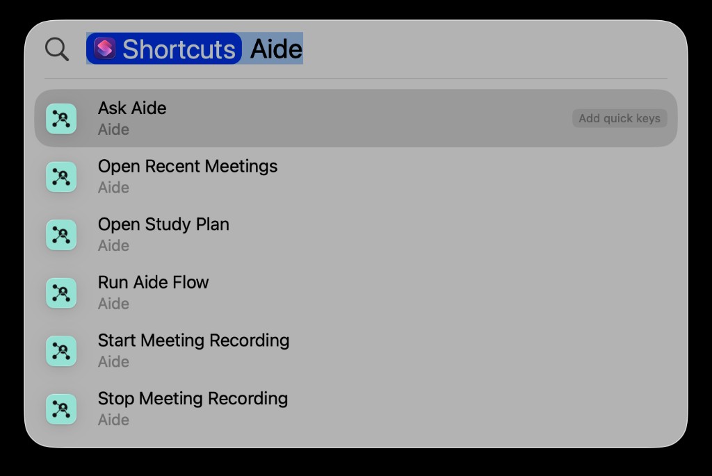 AideAI actions listed in macOS Spotlight
