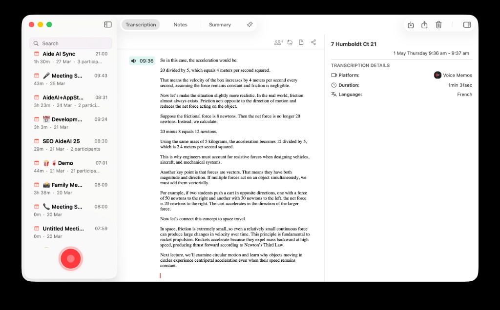AideAI Meetings screen showing an imported Apple Voice Memos lecture with transcription and metadata