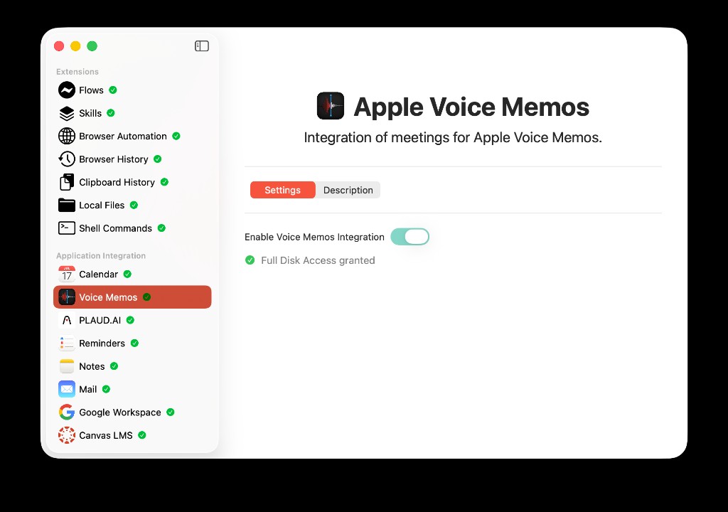 AideAI Apple Voice Memos integration settings screen